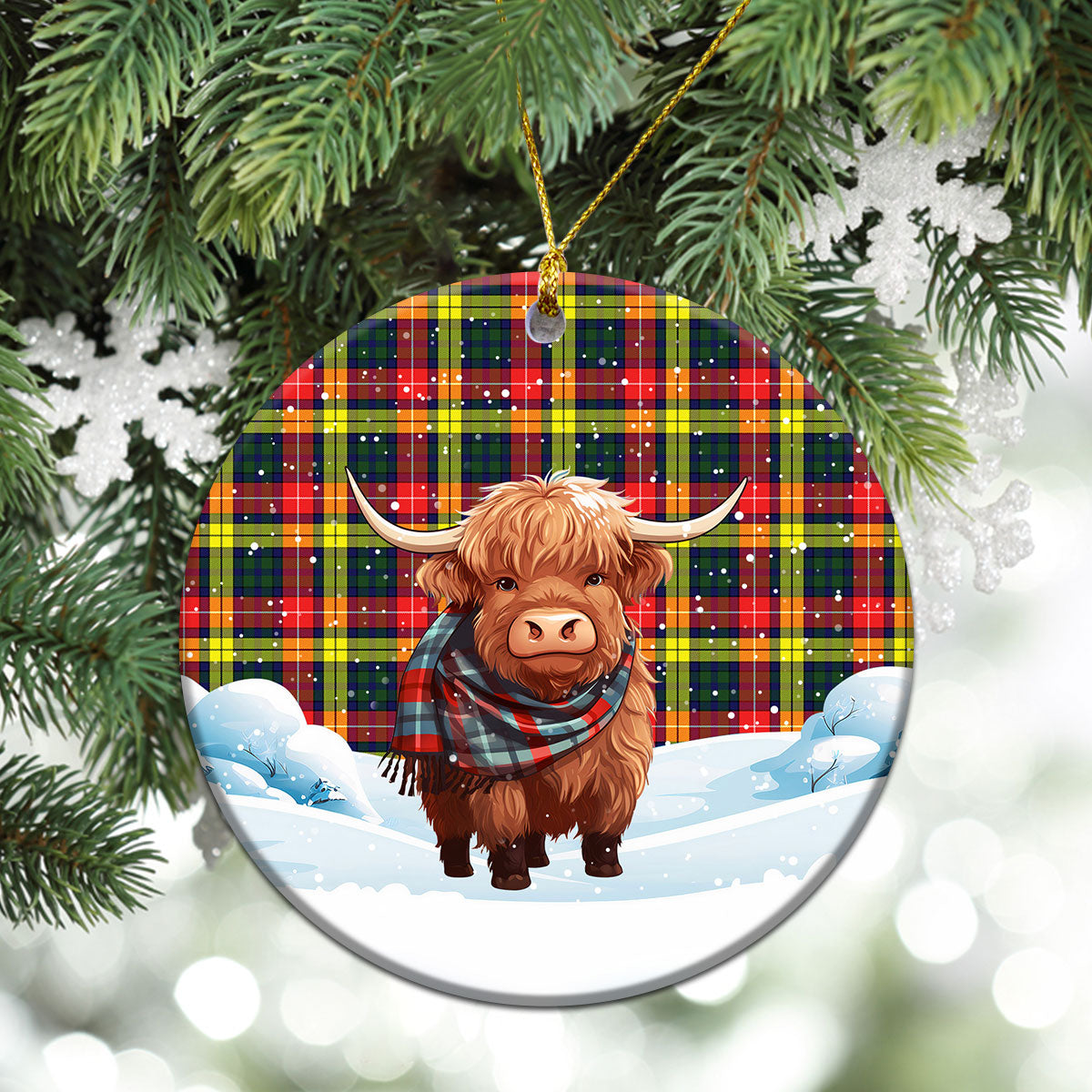 Buchanan Modern Tartan Christmas Ceramic Ornament - Highland Cows Snow Style