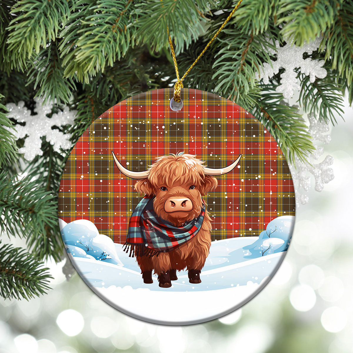 Buchanan Old Set Weathered Tartan Christmas Ceramic Ornament - Highland Cows Snow Style