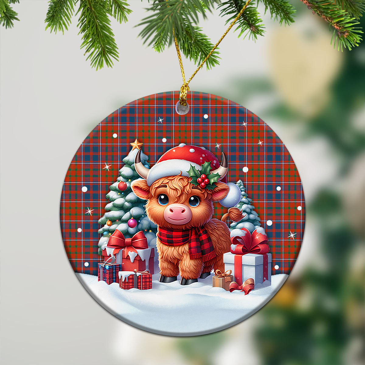 Cameron of Lochiel Ancient Tartan Christmas Ceramic Ornament - Highland Cow Winter Style