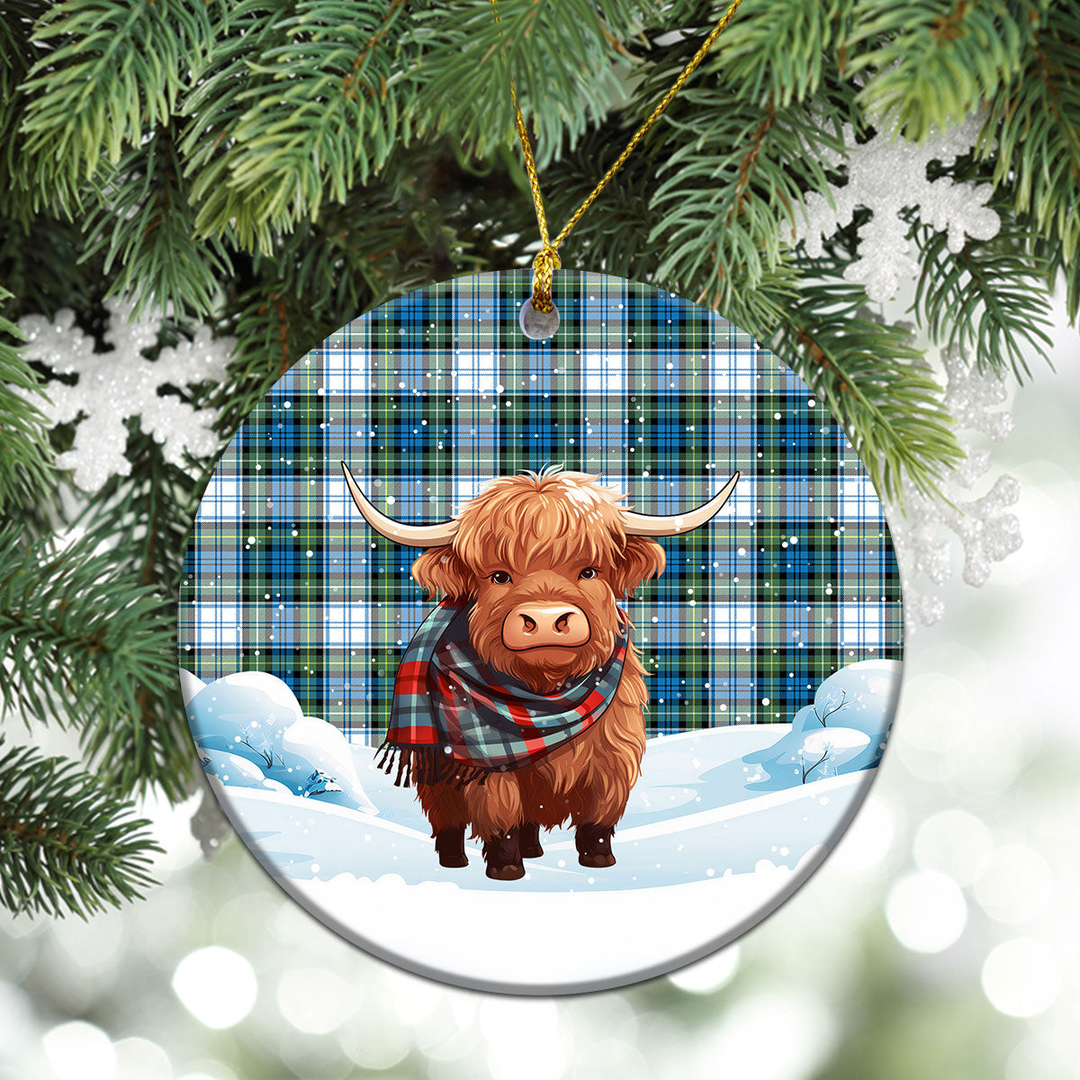 Campbell Dress Ancient Tartan Christmas Ceramic Ornament - Highland Cows Snow Style