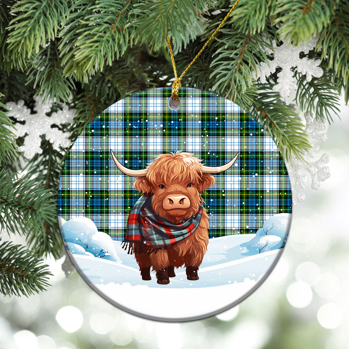 Campbell Dress Tartan Christmas Ceramic Ornament - Highland Cows Snow Style