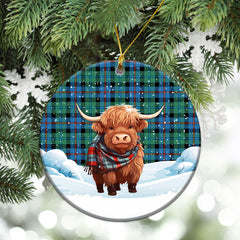 Campbell of Cawdor Ancient Tartan Christmas Ceramic Ornament - Highland Cows Snow Style