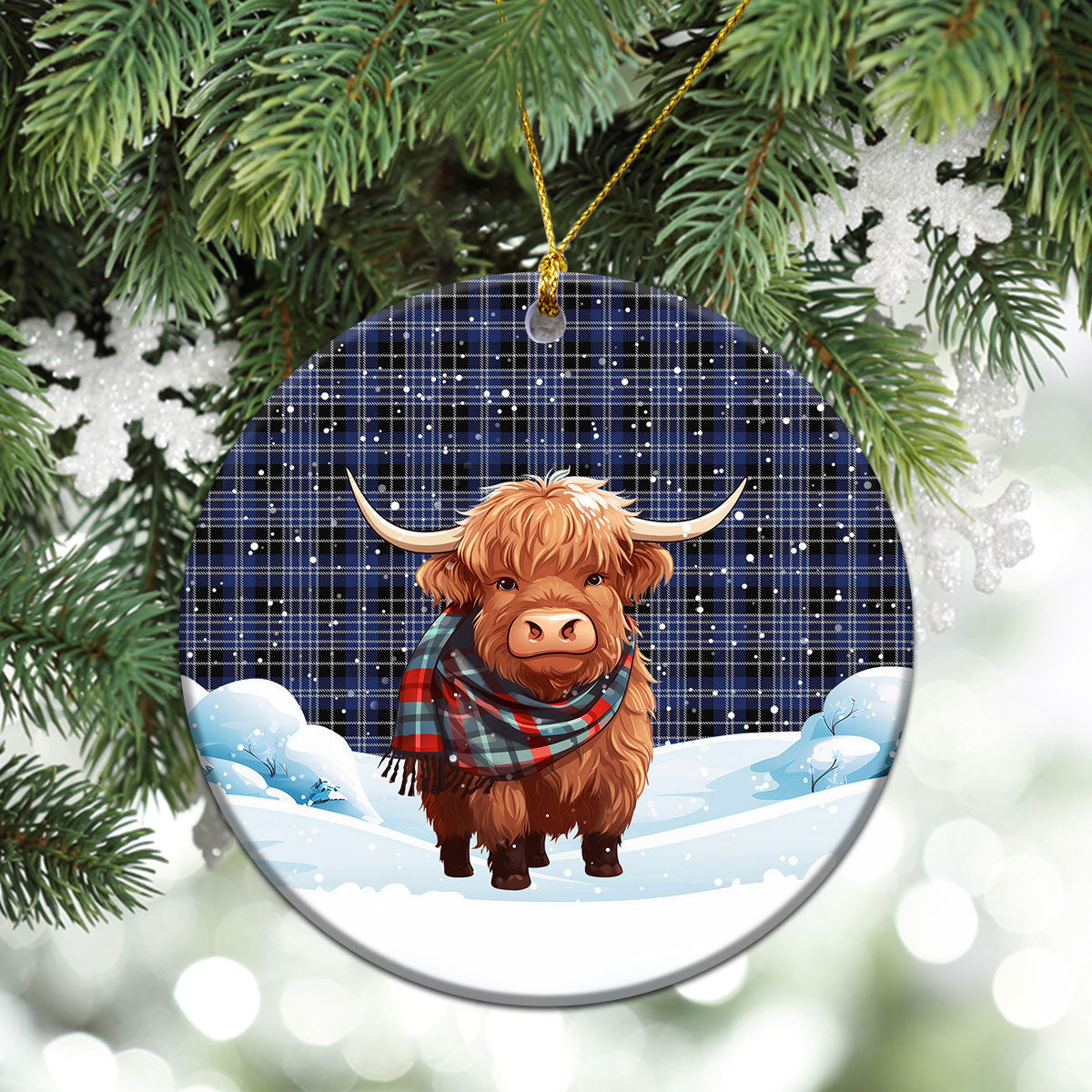 Clark Modern Tartan Christmas Ceramic Ornament - Highland Cows Snow Style