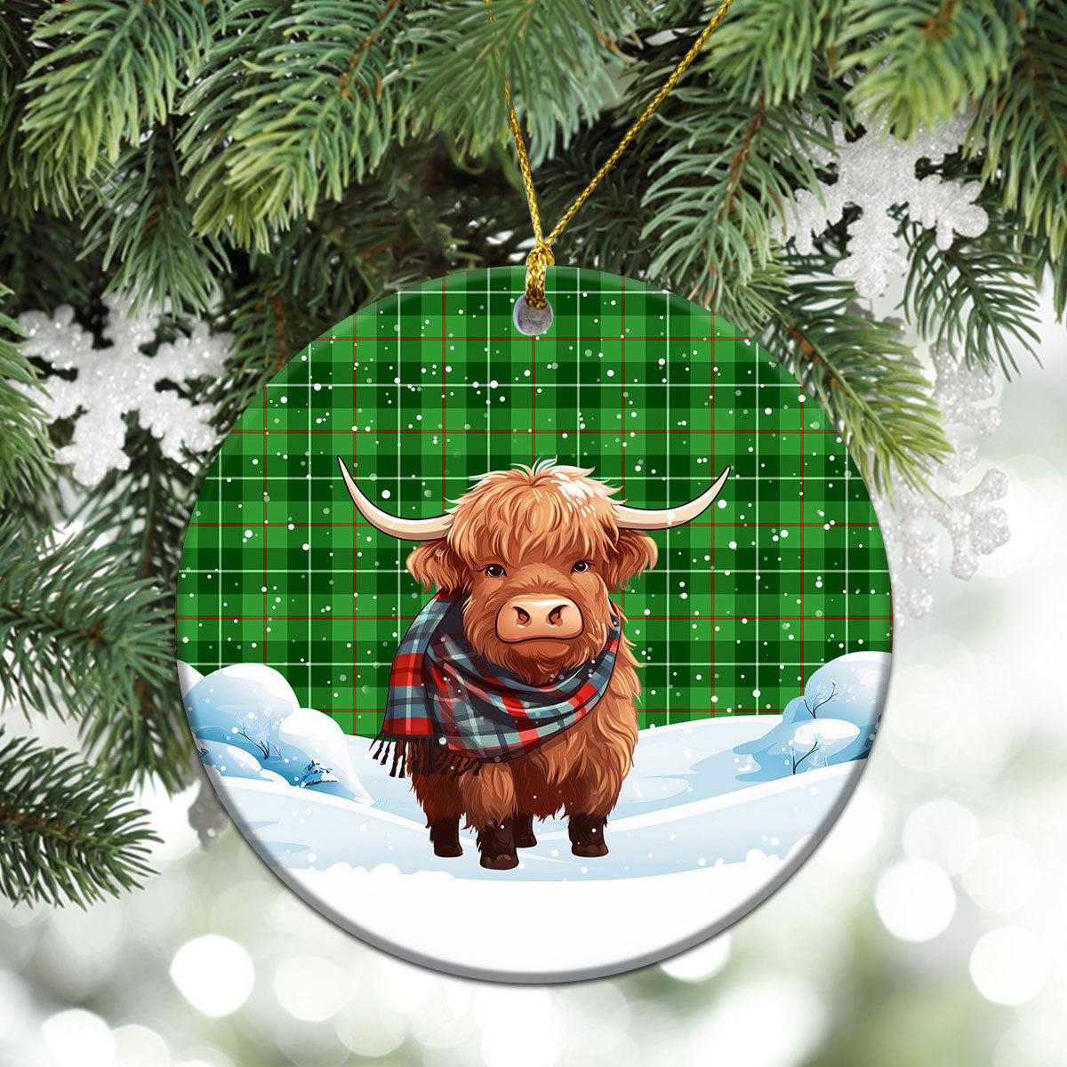 Clephan (or Clephane) Tartan Christmas Ceramic Ornament - Highland Cows Snow Style