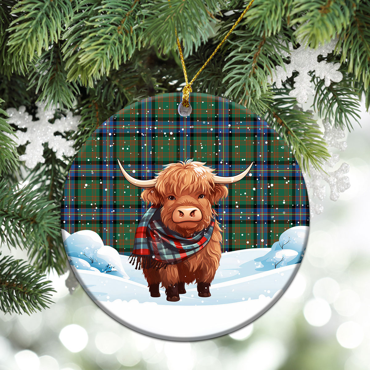 Cochrane Ancient Tartan Christmas Ceramic Ornament - Highland Cows Snow Style