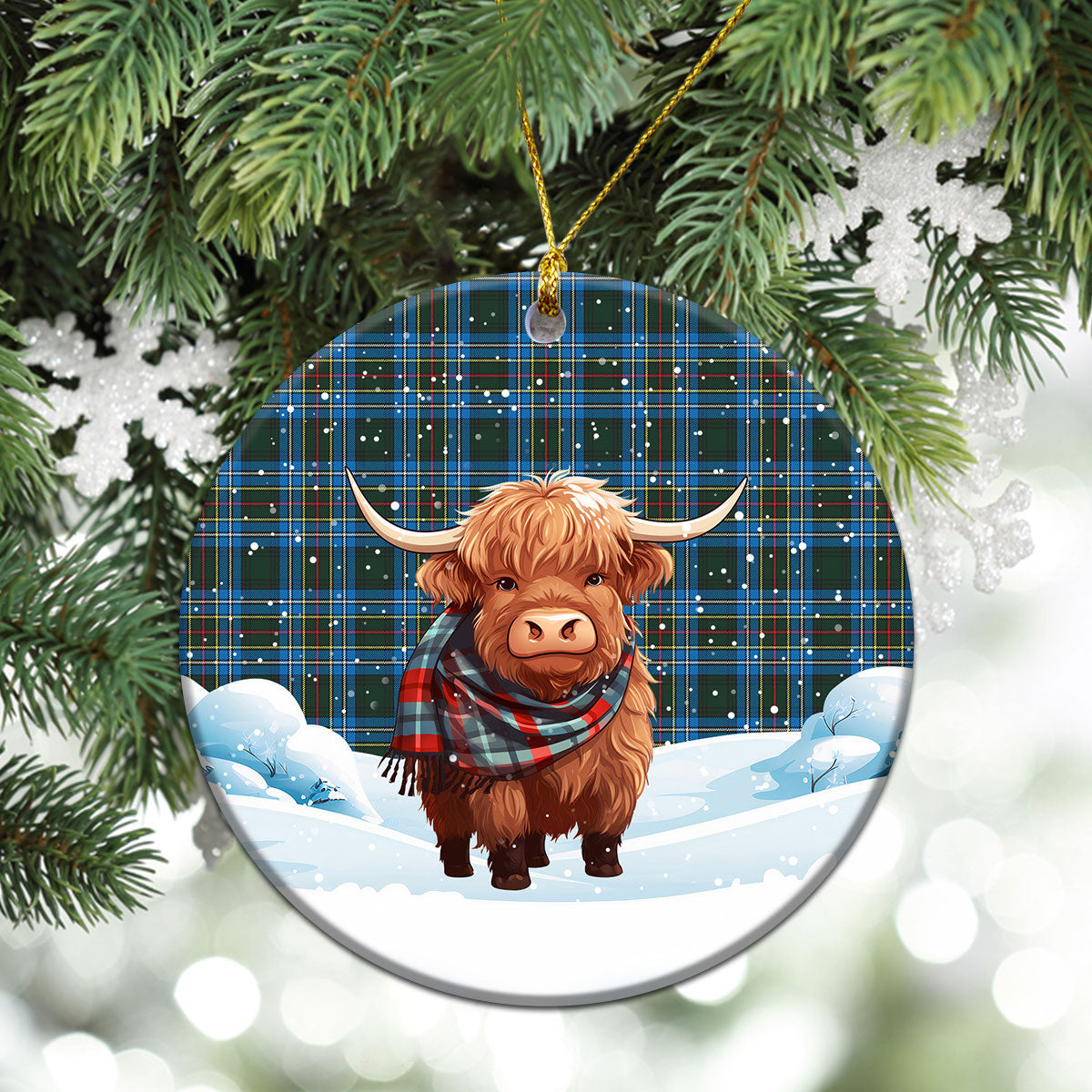 Cockburn Modern Tartan Christmas Ceramic Ornament - Highland Cows Snow Style