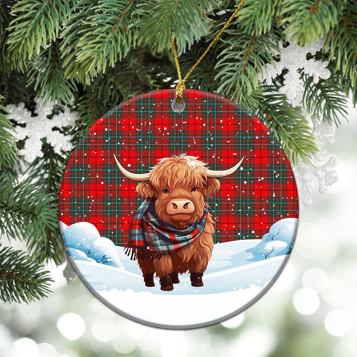 Cumming Modern Tartan Christmas Ceramic Ornament - Highland Cows Snow Style