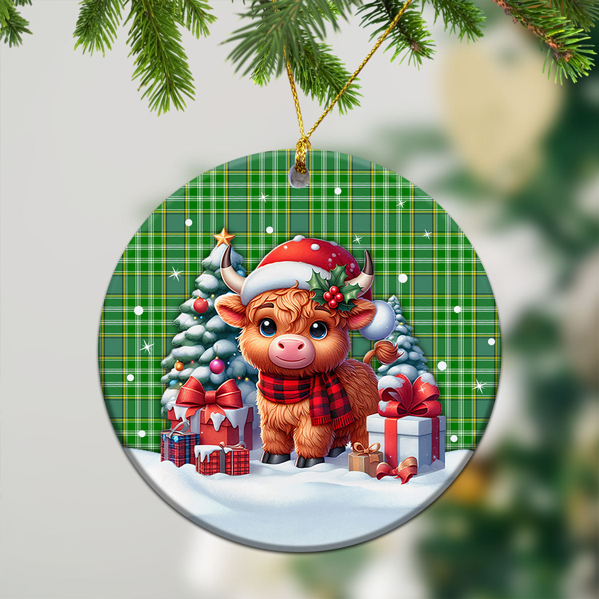 Currie Tartan Christmas Ceramic Ornament - Highland Cow Winter Style