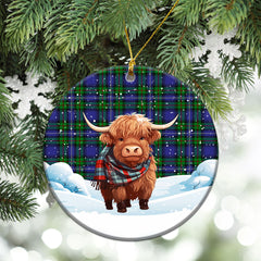 Donnachaidh Tartan Christmas Ceramic Ornament - Highland Cows Snow Style