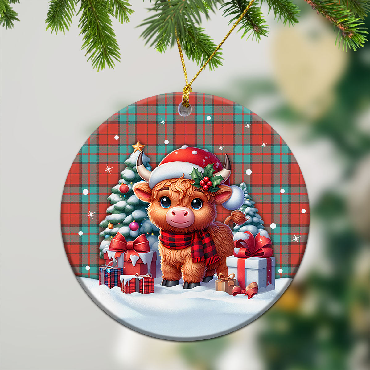 Dunbar Ancient Tartan Christmas Ceramic Ornament - Highland Cow Winter Style