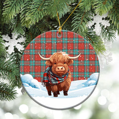 Dunbar Ancient Tartan Christmas Ceramic Ornament - Highland Cows Snow Style