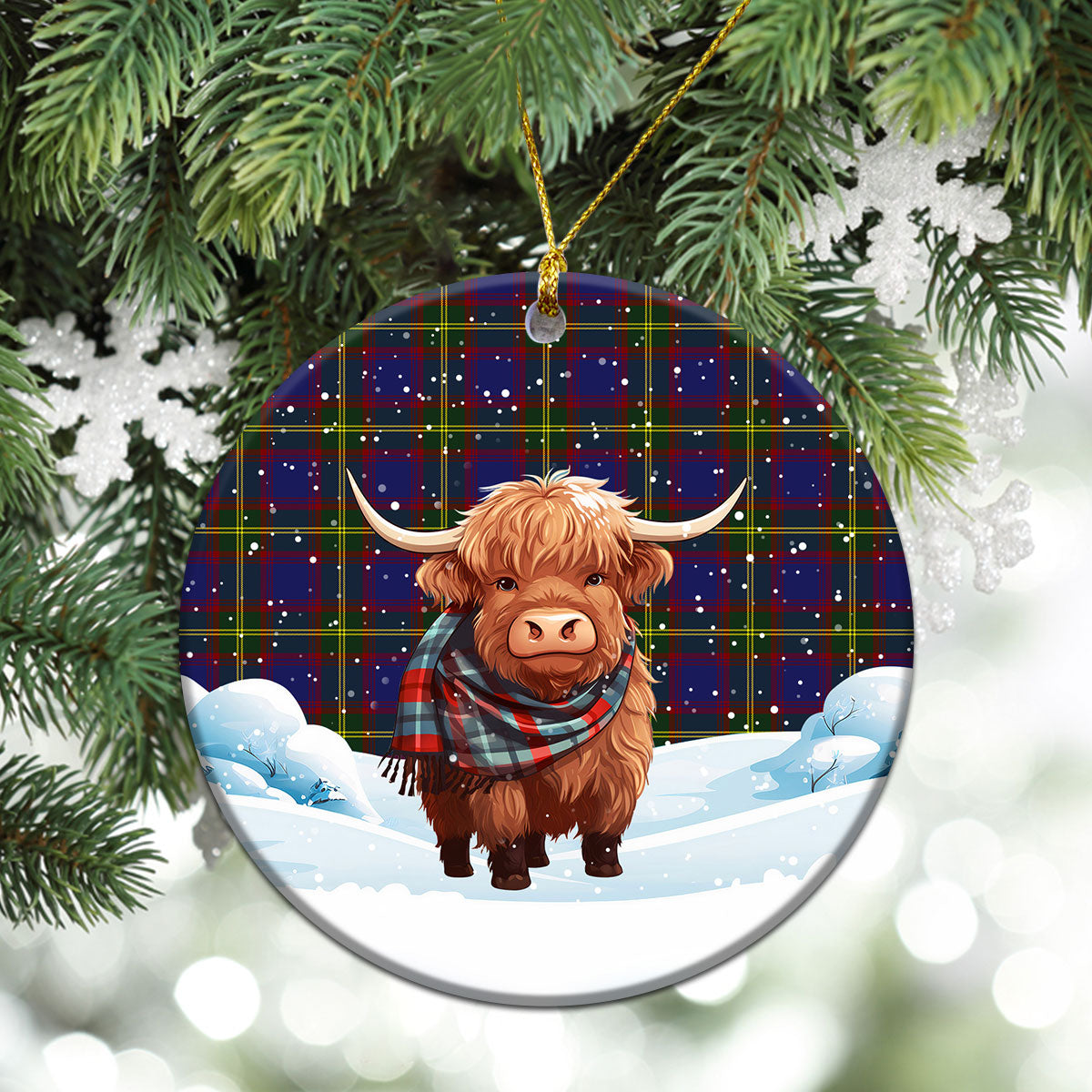 Durie Tartan Christmas Ceramic Ornament - Highland Cows Snow Style