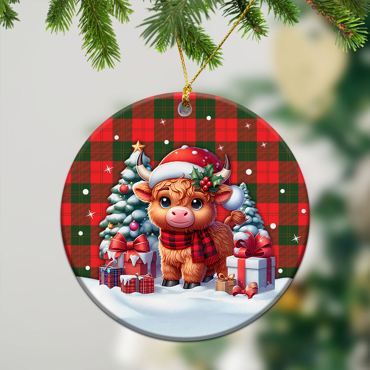 Erskine Modern Tartan Christmas Ceramic Ornament - Highland Cow Winter Style