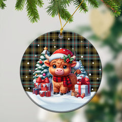 Farquharson Weathered Tartan Christmas Ceramic Ornament - Highland Cow Winter Style