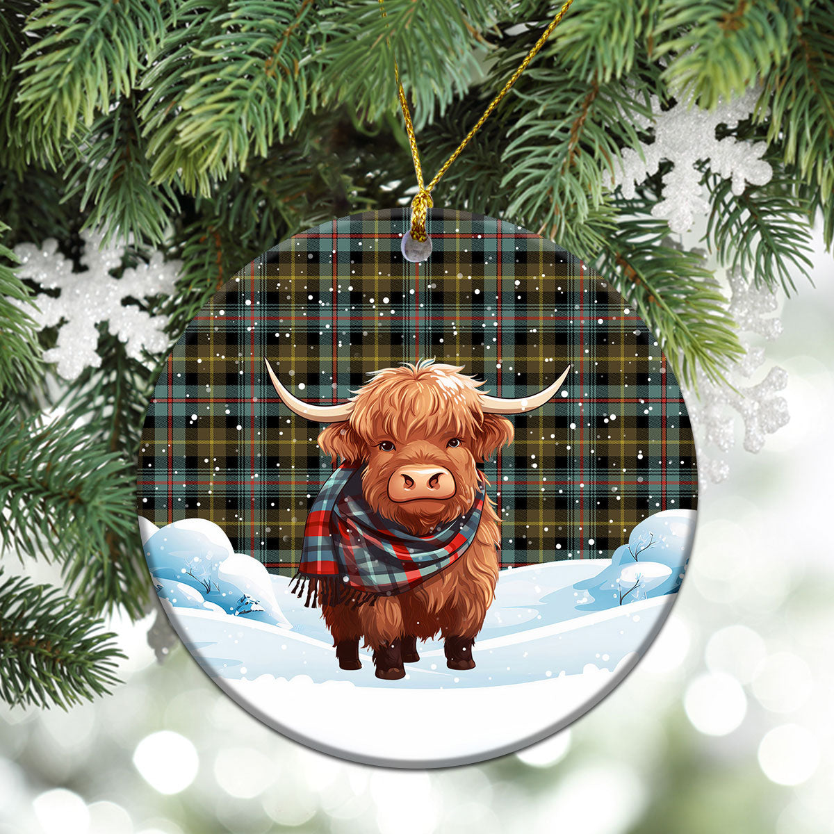 Farquharson Weathered Tartan Christmas Ceramic Ornament - Highland Cows Snow Style