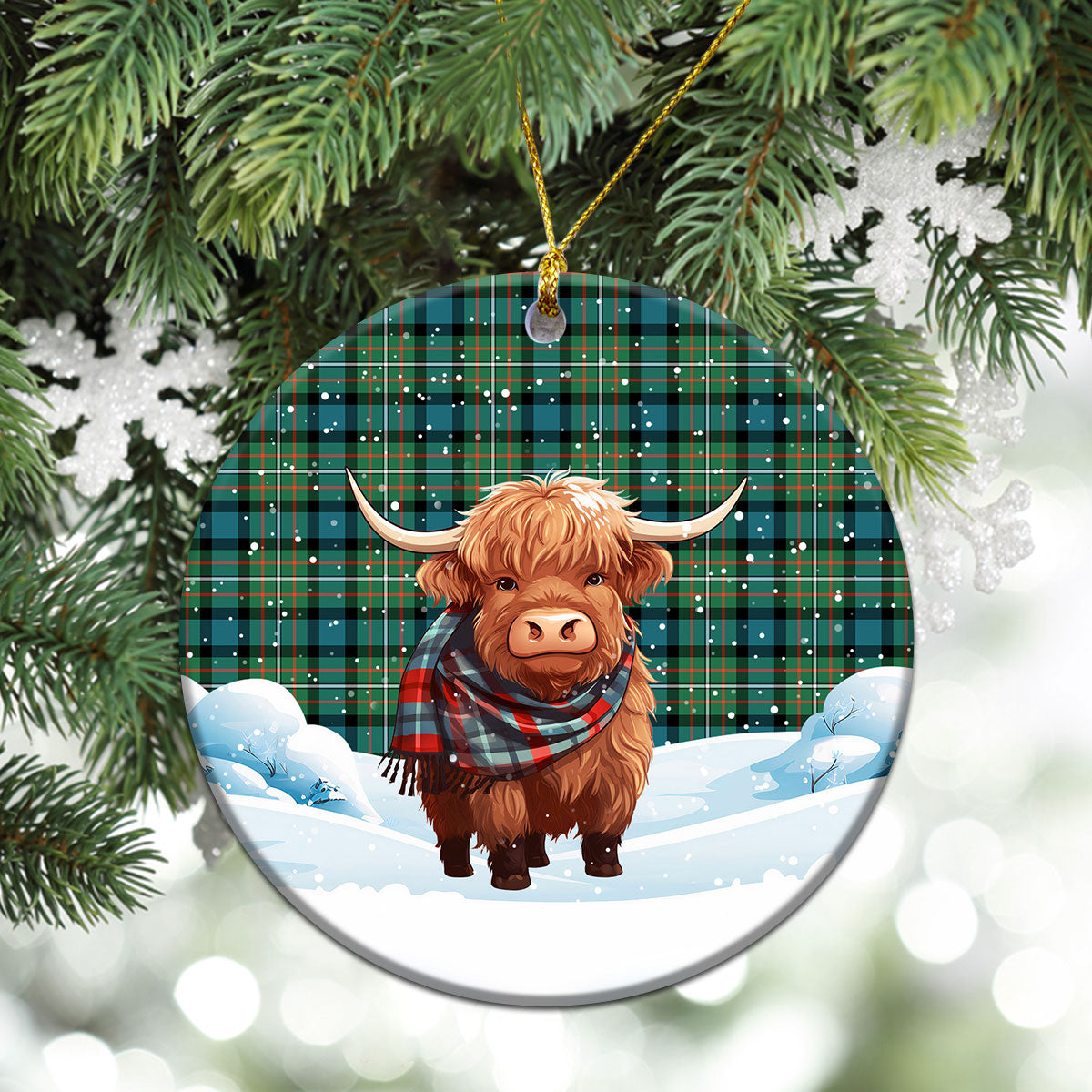 Ferguson Ancient Tartan Christmas Ceramic Ornament - Highland Cows Snow Style