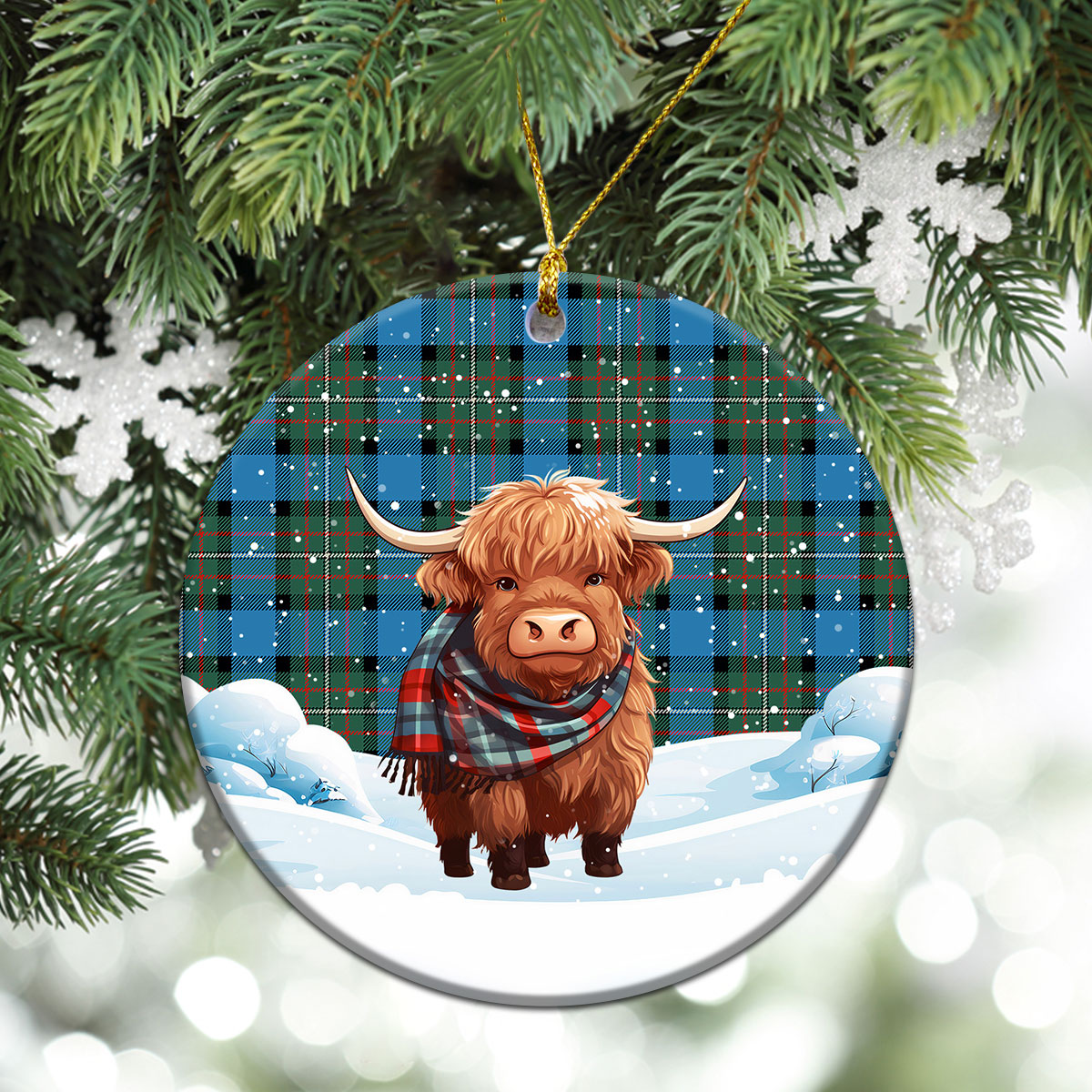 Fergusson Ancient Tartan Christmas Ceramic Ornament - Highland Cows Snow Style