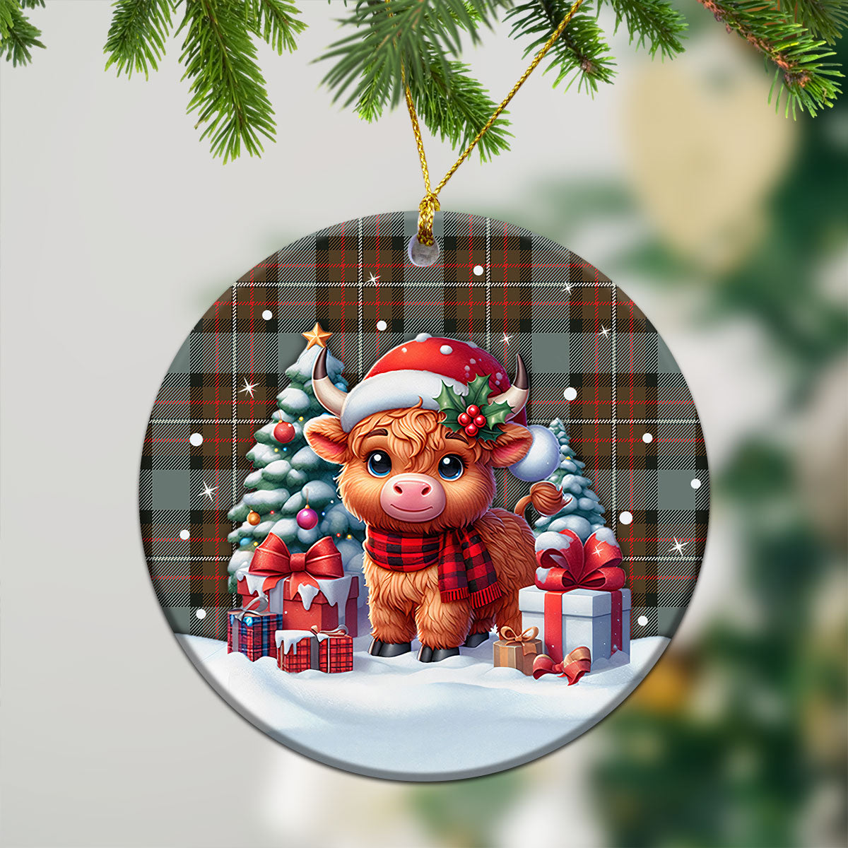 Fergusson Weathered Tartan Christmas Ceramic Ornament - Highland Cow Winter Style