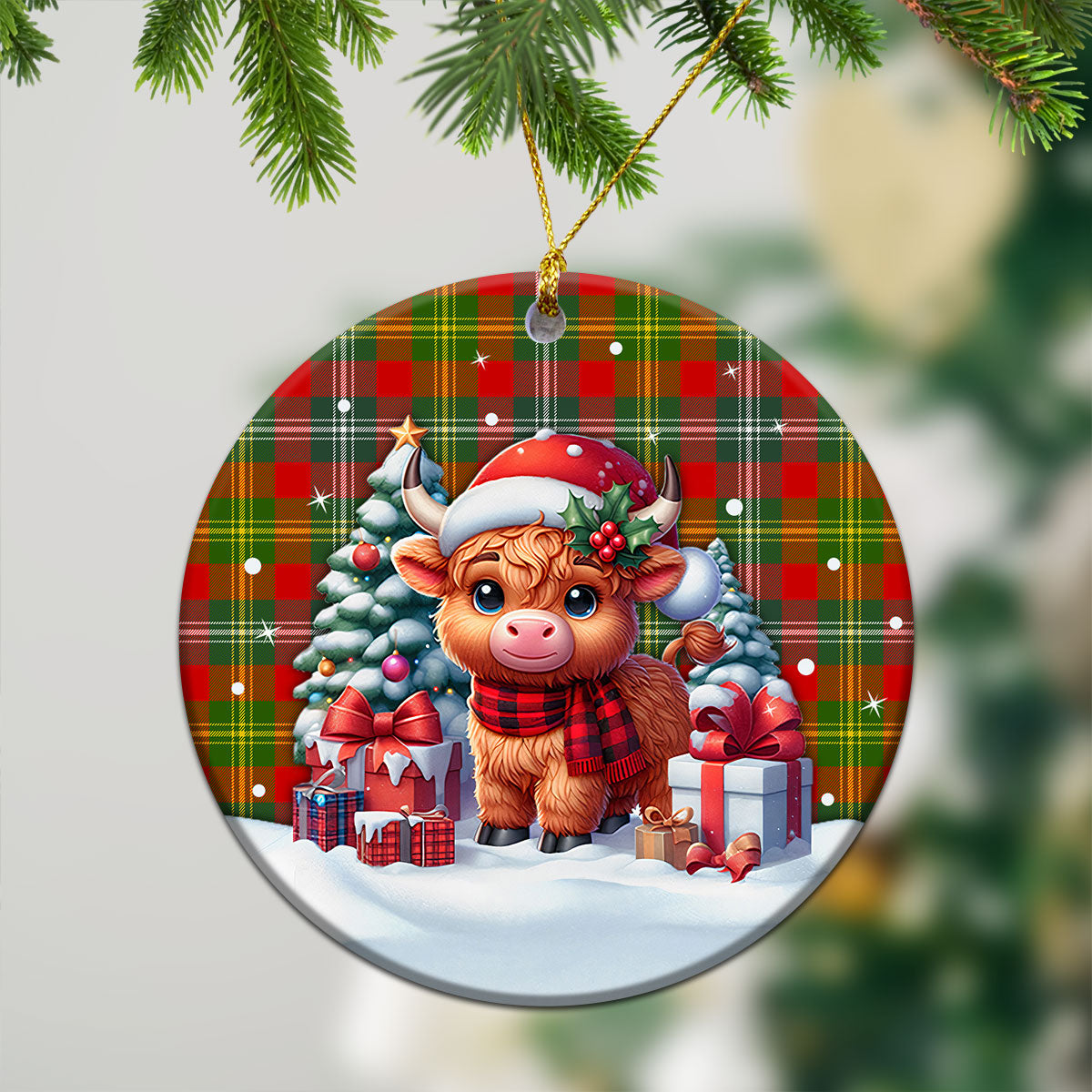 Forrester Tartan Christmas Ceramic Ornament - Highland Cow Winter Style