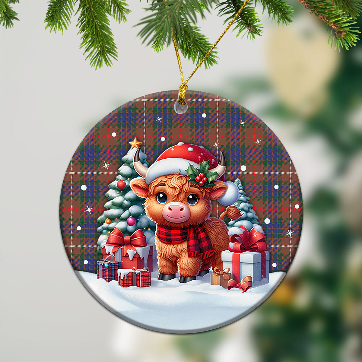 Fraser (of Lovat) Hunting Modern Tartan Christmas Ceramic Ornament - Highland Cow Winter Style