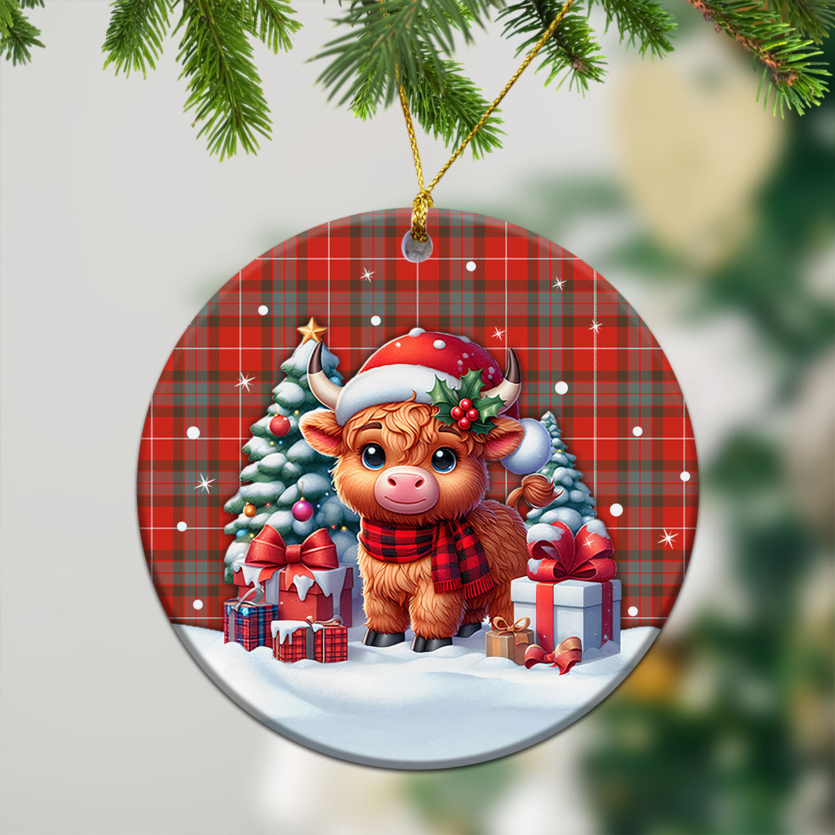 Fraser (of Lovat) Weathered Tartan Christmas Ceramic Ornament - Highland Cow Winter Style