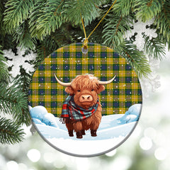 Fraser (of Lovat) Yellow Tartan Christmas Ceramic Ornament - Highland Cows Snow Style