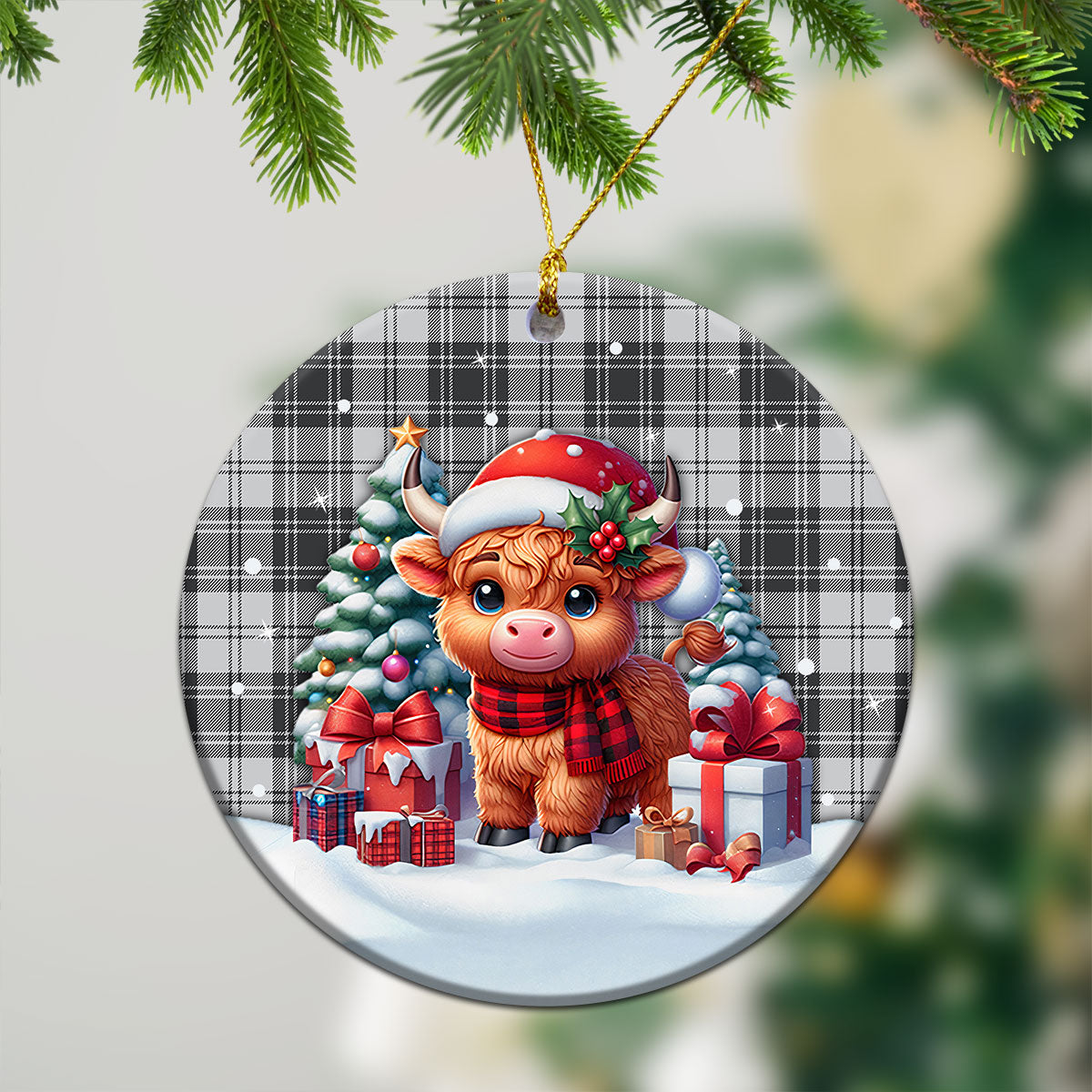 Glen Tartan Christmas Ceramic Ornament - Highland Cow Winter Style