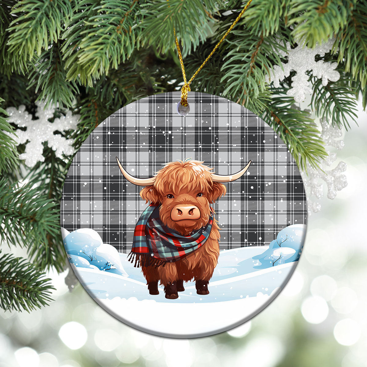 Glen Tartan Christmas Ceramic Ornament - Highland Cows Snow Style