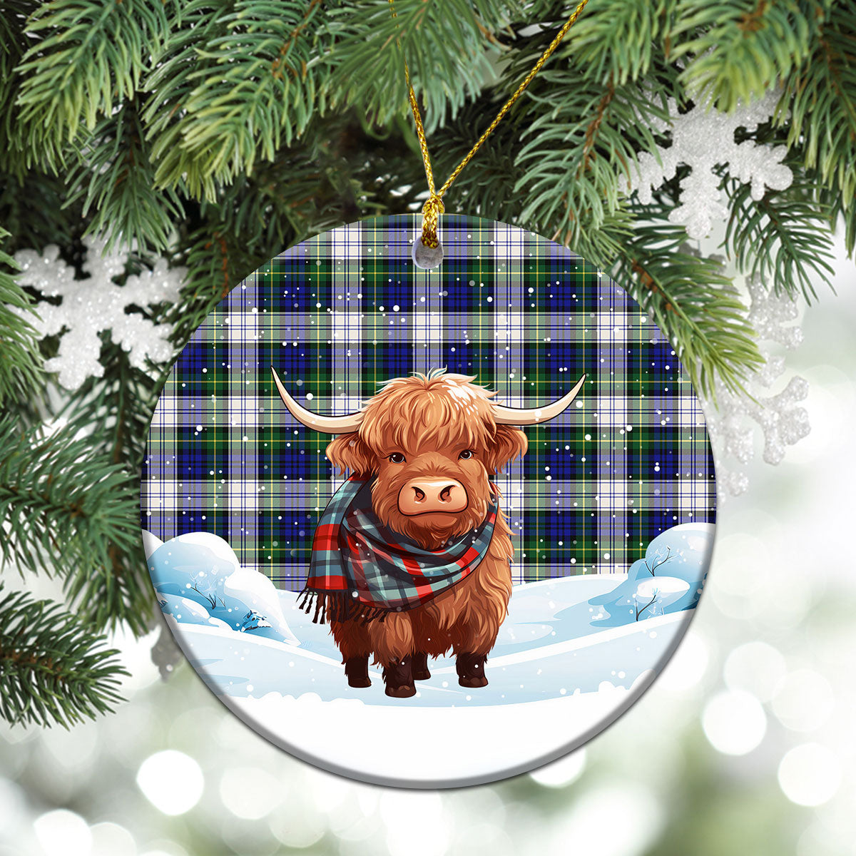 Gordon Dress Modern Tartan Christmas Ceramic Ornament - Highland Cows Snow Style