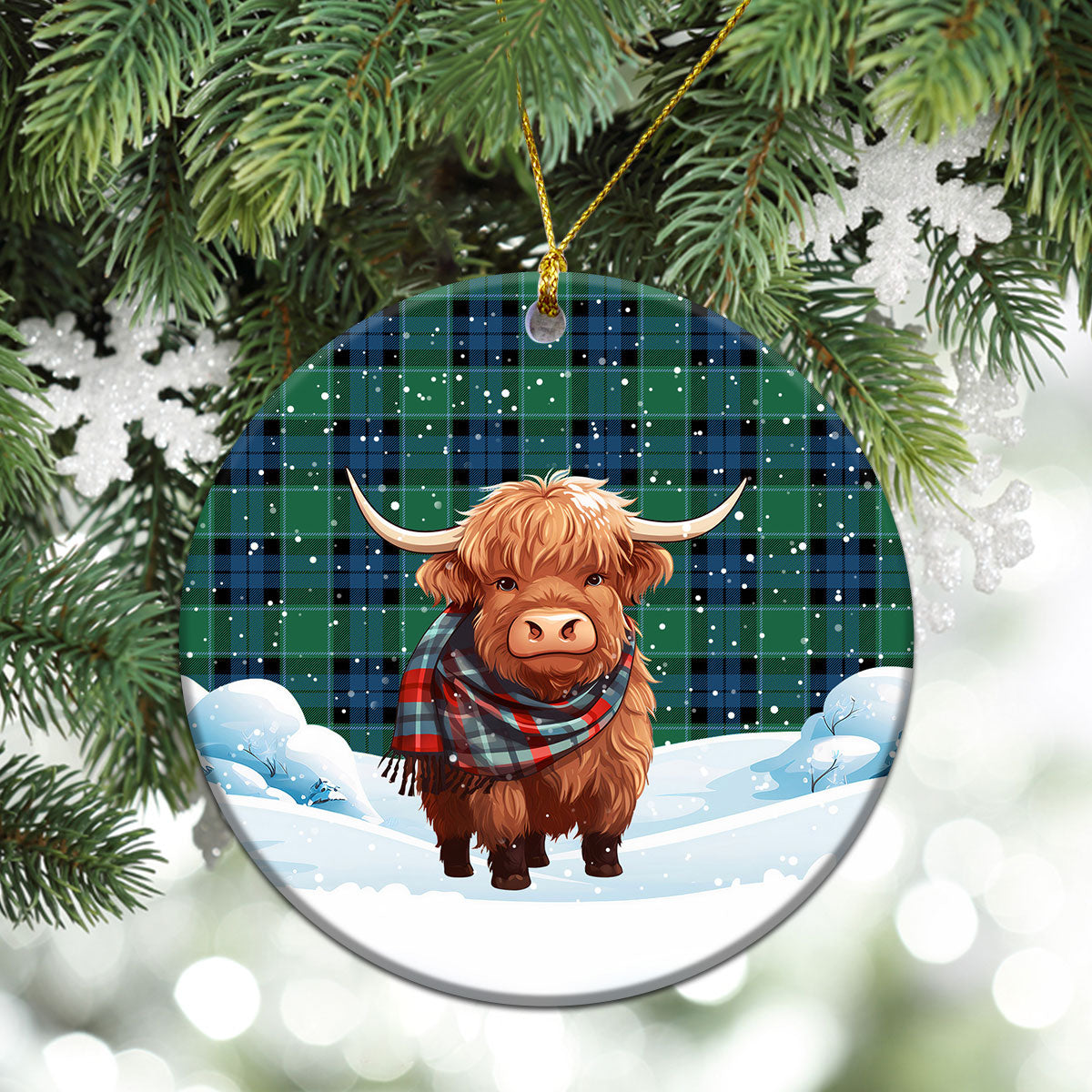 Graham of Menteith Ancient Tartan Christmas Ceramic Ornament - Highland Cows Snow Style