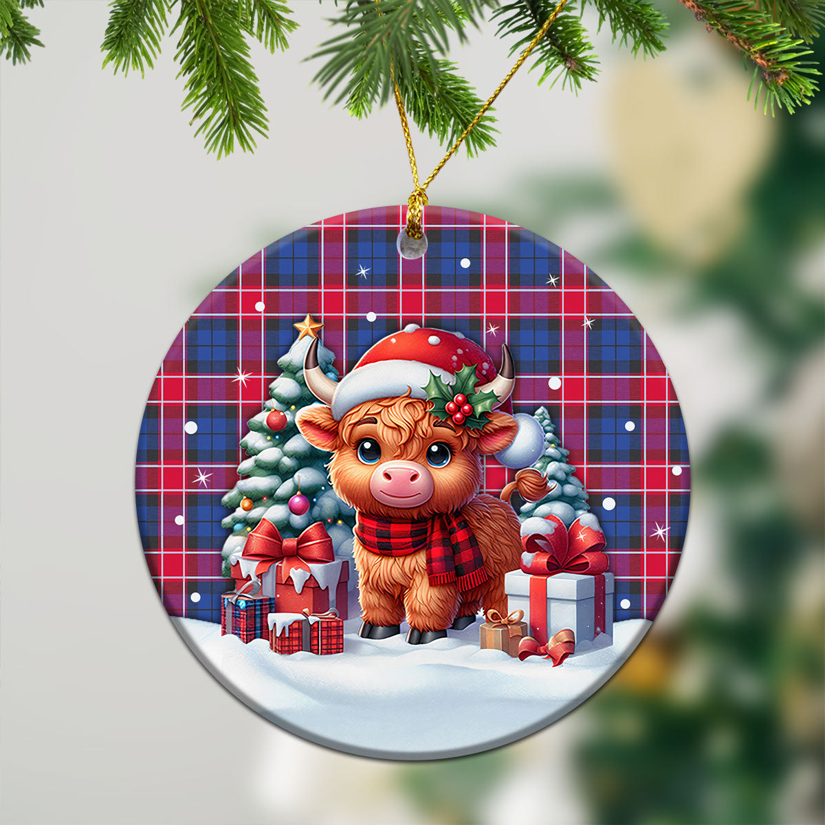 Graham of Menteith Red Tartan Christmas Ceramic Ornament - Highland Cow Winter Style