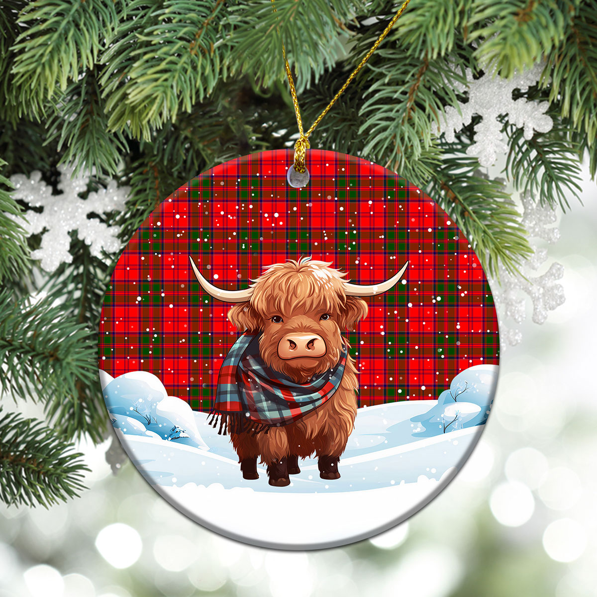 Grant Modern Tartan Christmas Ceramic Ornament - Highland Cows Snow Style