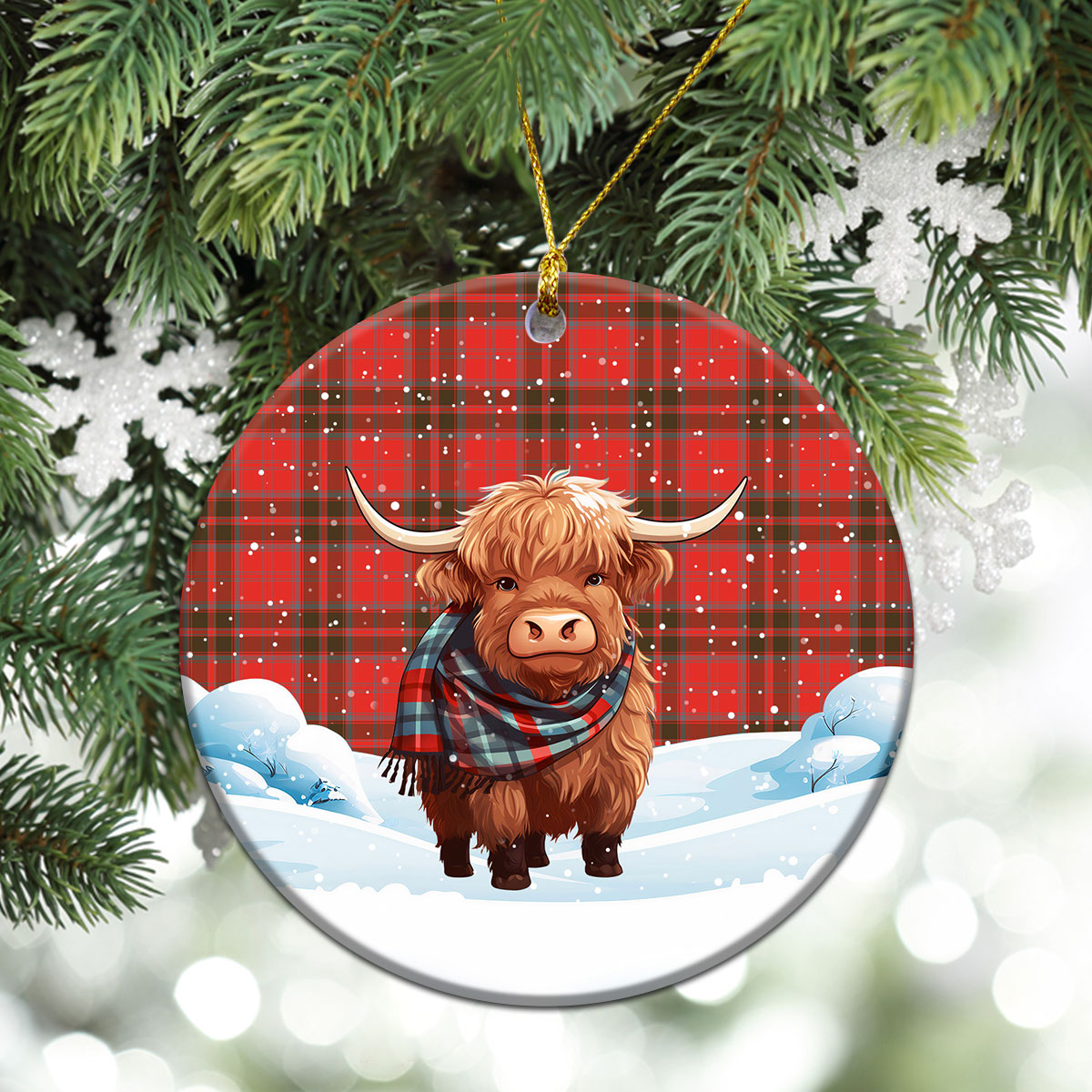 Grant Weathered Tartan Christmas Ceramic Ornament - Highland Cows Snow Style