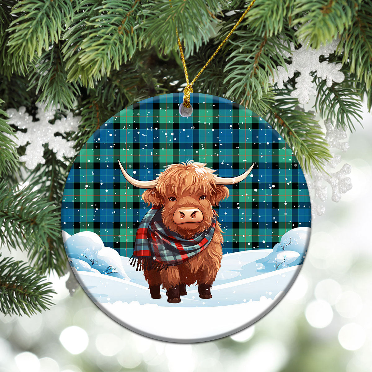 Gunn Ancient Tartan Christmas Ceramic Ornament - Highland Cows Snow Style