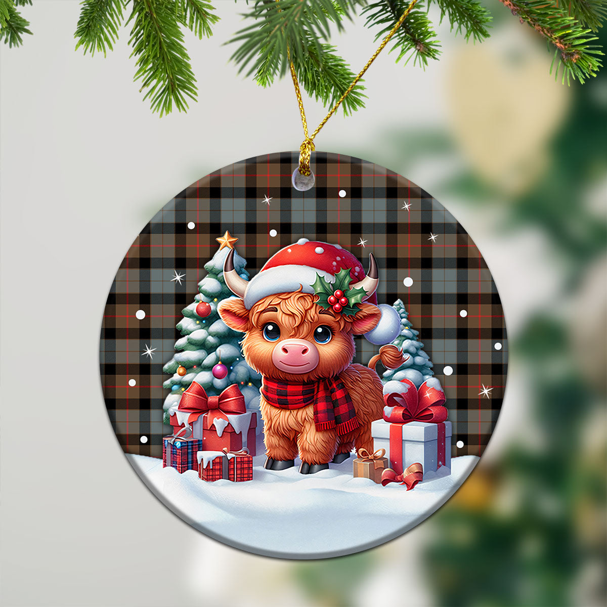 Gunn Weathered Tartan Christmas Ceramic Ornament - Highland Cow Winter Style