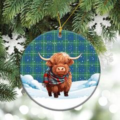 Hamilton Hunting Ancient Tartan Christmas Ceramic Ornament - Highland Cows Snow Style