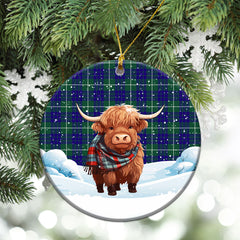 Hamilton Hunting Modern Tartan Christmas Ceramic Ornament - Highland Cows Snow Style