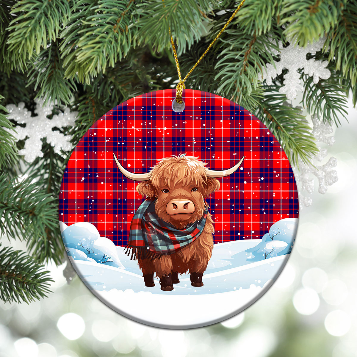 Hamilton Modern Tartan Christmas Ceramic Ornament - Highland Cows Snow Style