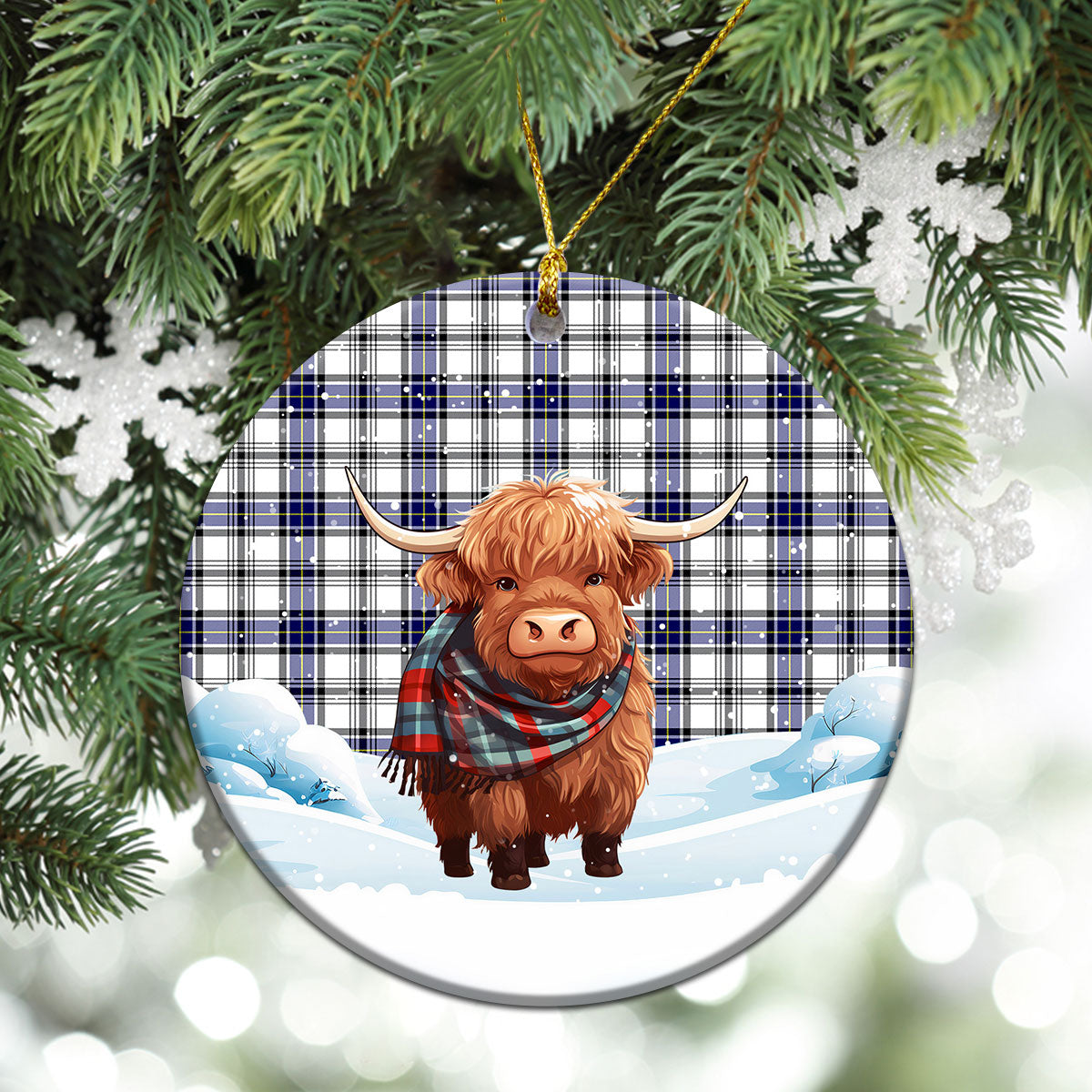 Hannay Modern Tartan Christmas Ceramic Ornament - Highland Cows Snow Style