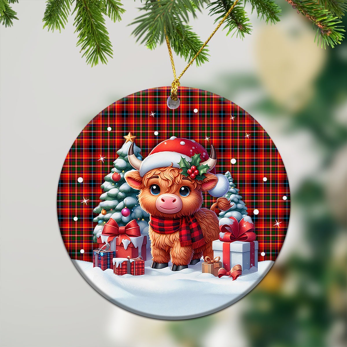 Innes Modern Tartan Christmas Ceramic Ornament - Highland Cow Winter Style