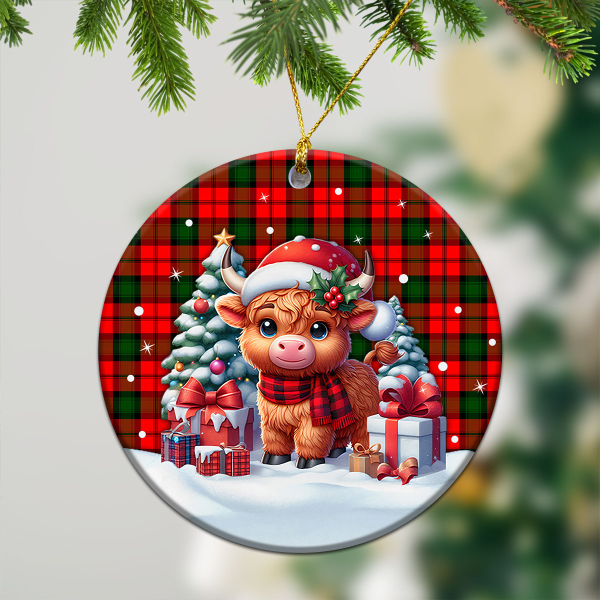 Kerr Modern Tartan Christmas Ceramic Ornament - Highland Cow Winter Style