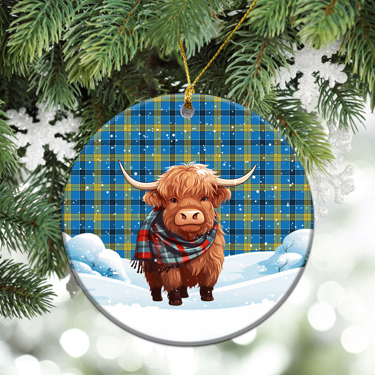 Laing Tartan Christmas Ceramic Ornament - Highland Cows Snow Style