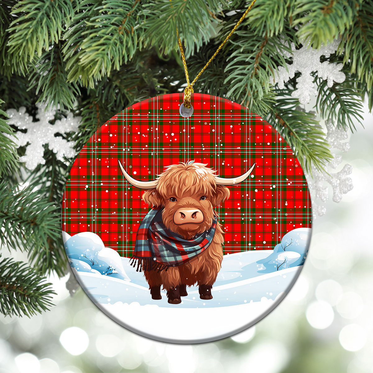 Langlands Tartan Christmas Ceramic Ornament - Highland Cows Snow Style