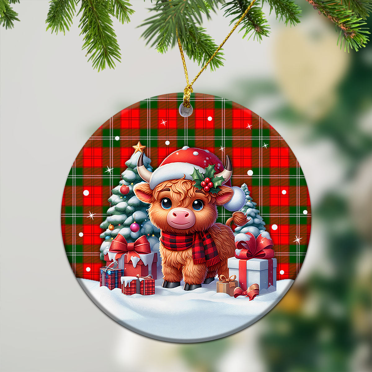 Lennox Tartan Christmas Ceramic Ornament - Highland Cow Winter Style