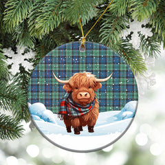 Leslie Hunting Ancient Tartan Christmas Ceramic Ornament - Highland Cows Snow Style