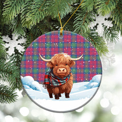 Lindsay Ancient Tartan Christmas Ceramic Ornament - Highland Cows Snow Style