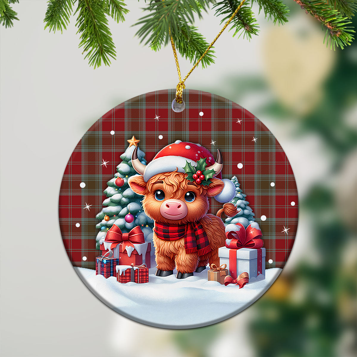 Lindsay Weathered Tartan Christmas Ceramic Ornament - Highland Cow Winter Style