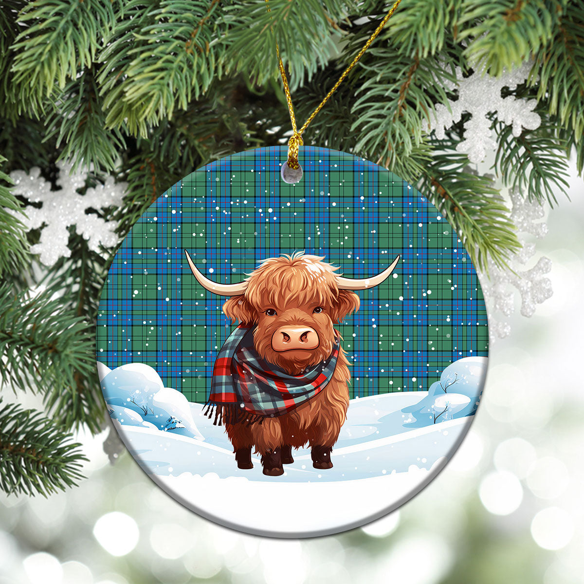 Lockhart Tartan Christmas Ceramic Ornament - Highland Cows Snow Style