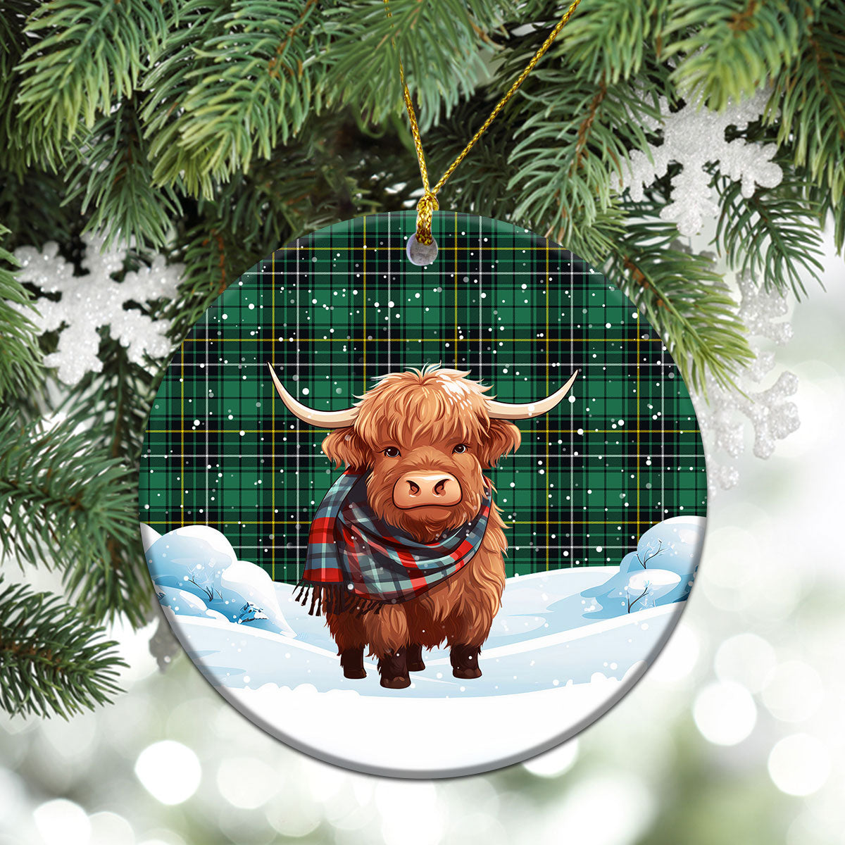 MacAlpine Ancient Tartan Christmas Ceramic Ornament - Highland Cows Snow Style