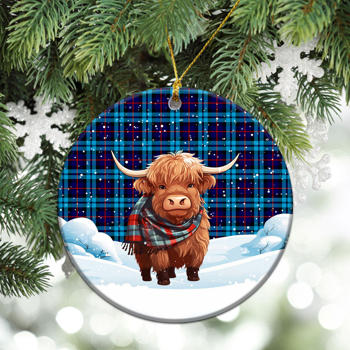 MacCorquodale Tartan Christmas Ceramic Ornament - Highland Cows Snow Style